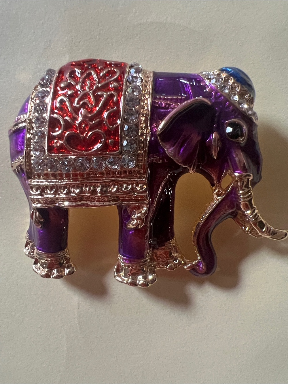 Vintage Style Purple Jeweled Elephant Brooch with Red Accents